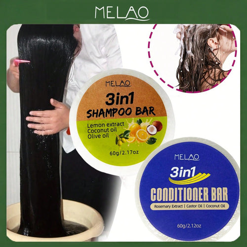 2 in 1 Shampoo & Conditioner Bar Set, MELAO 3in1 Solid Shampoo Bar with Lemon, Coconut, Olive Oil & 3in1 Solid Conditioner Bar with Rosemary, Castor, Coconut Oil, for All Hair Types, Deep Cleans & Smooths, Adds Shine & Softness, 60g Each