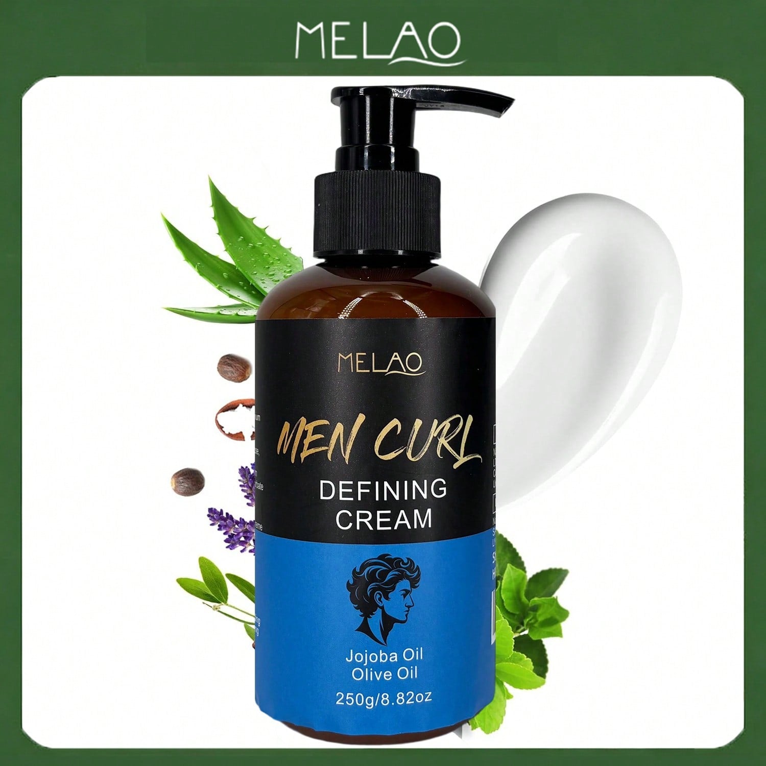 Men Curl Defining Cream, MELAO Men Curl Cream with Jojoba Oil & Olive Oil, Strong Hold Styling Cream for Natural Curls & Waves, Defines & Separates Curls, Tames Frizz, Adds Texture & Shine, Non-Greasy, Lightweight Formula