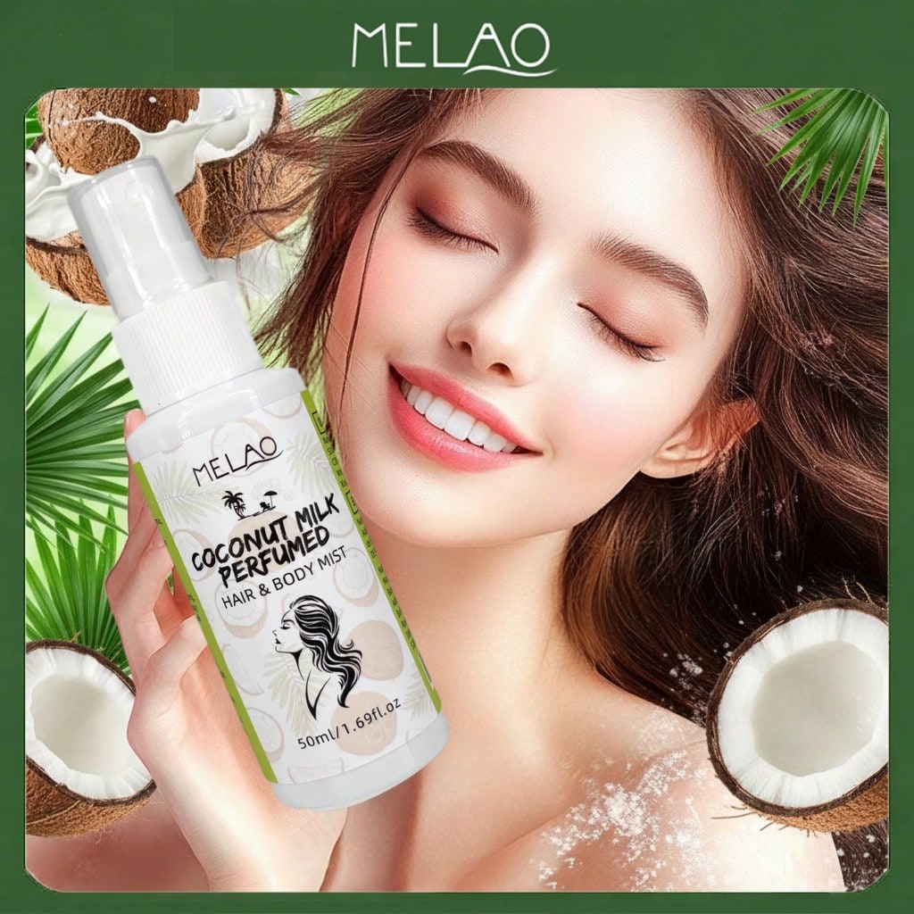 Coconut Milk Hair & Body Mist, MELAO Coconut Scented Perfumed Mist, Refreshing Hair and Body Spray, Lightweight & Hydrating, 50ml/1.69fl.oz