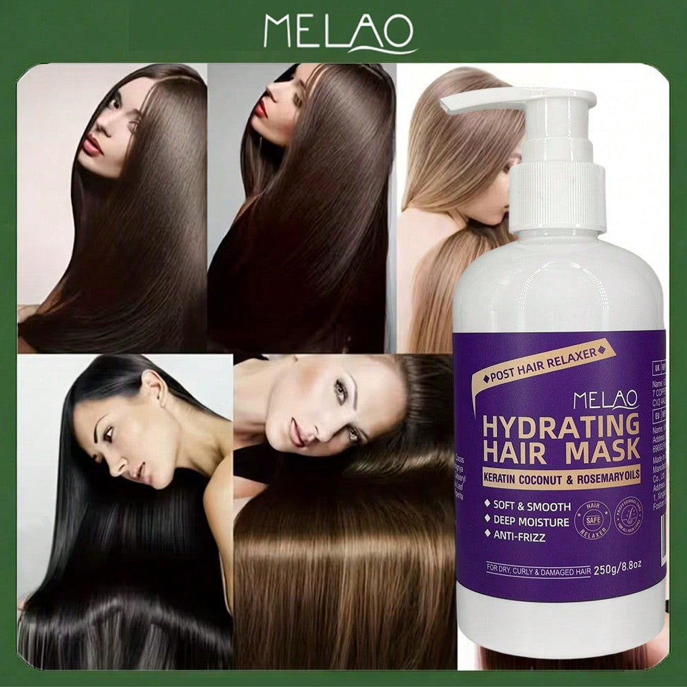 Hydrating Hair Mask, MELAO Keratin Coconut & Rosemary Oil Hair Mask, for Dry Curly & Damaged Hair, Post Hair Relaxer Care, Soft & Smooth, Deep Moisture Anti Frizz Treatment, Repairs & Strengthens Hair, 250g/8.8oz