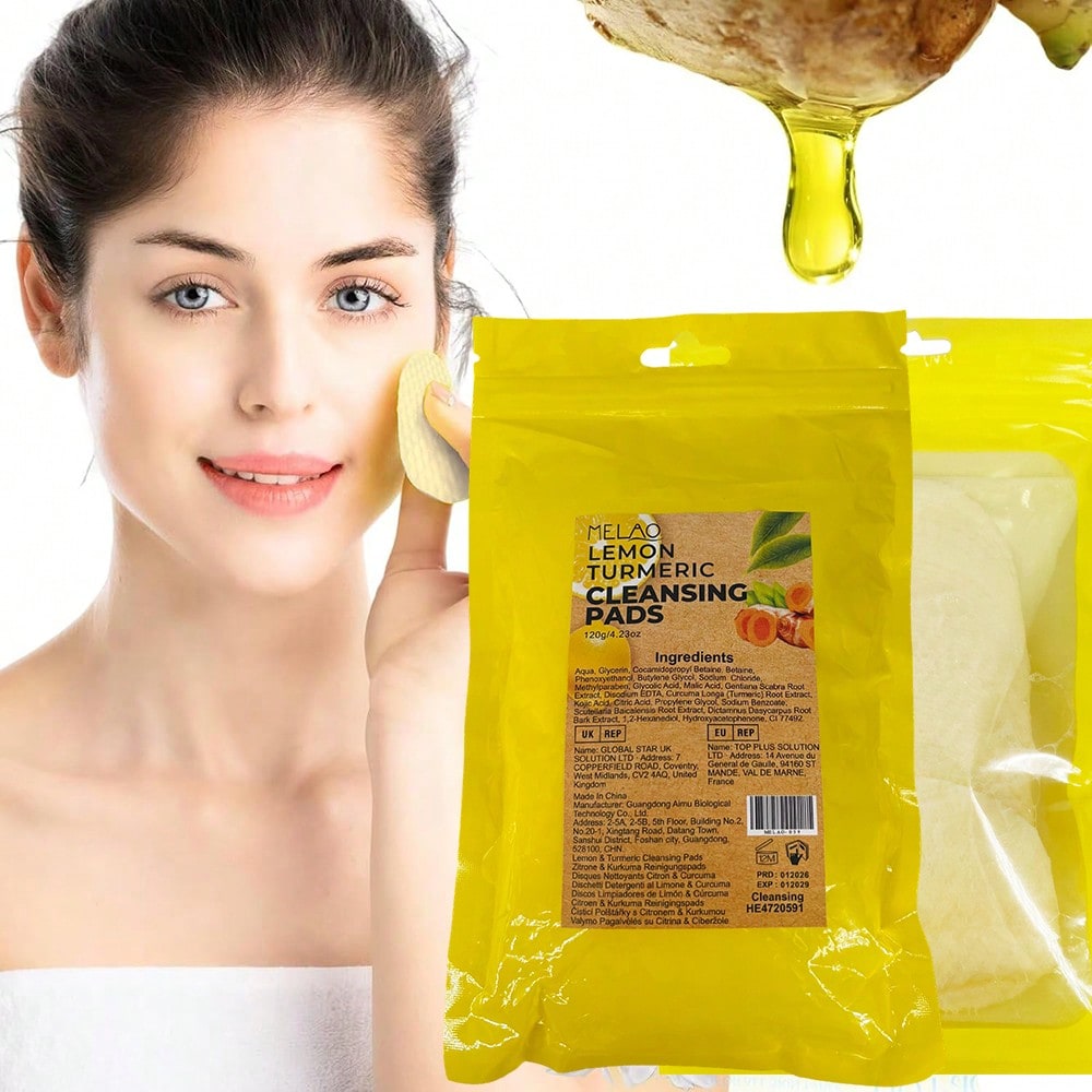 MELAO Lemon Turmeric Cleansing Pads 60 Count - Brightening, Exfoliating & Refreshing Facial Pads for Dark Spots, Uneven Skin Tone & Daily Cleansing