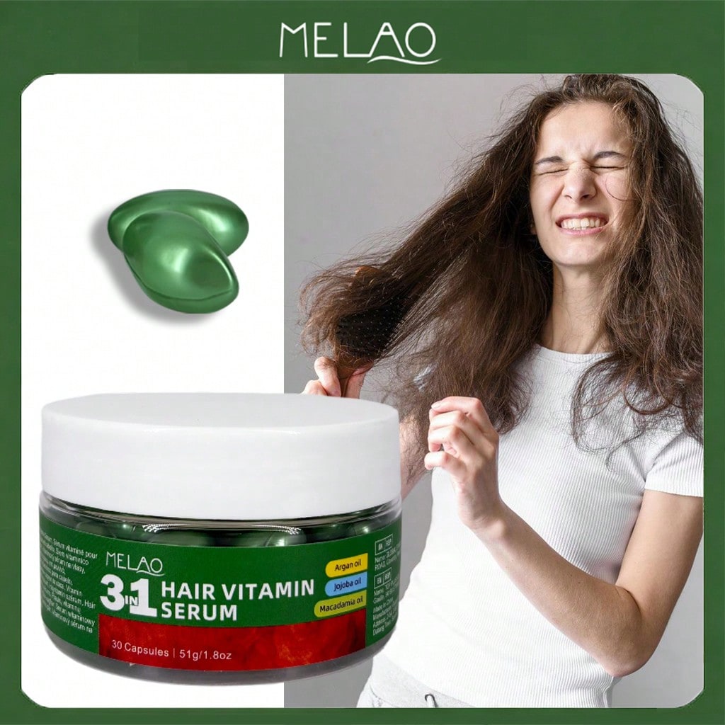Hair Vitamin Serum Capsules, MELAO 3 in 1 Hair Vitamin Serum with Argan Oil, Deeply Moisturizes Hair & Scalp, for Soft & Silky Hair, Nourishes from Within, 30 Capsules, 51g/1.8oz