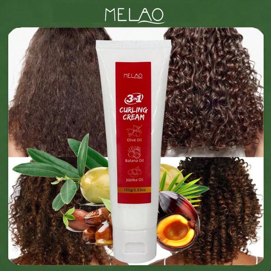 MELAO 3-in-1 Curling Cream with Olive, Batana & Jojoba Oils – 100g for Defined, Frizz-Free Curls | Natural Hair Styling & Hydration