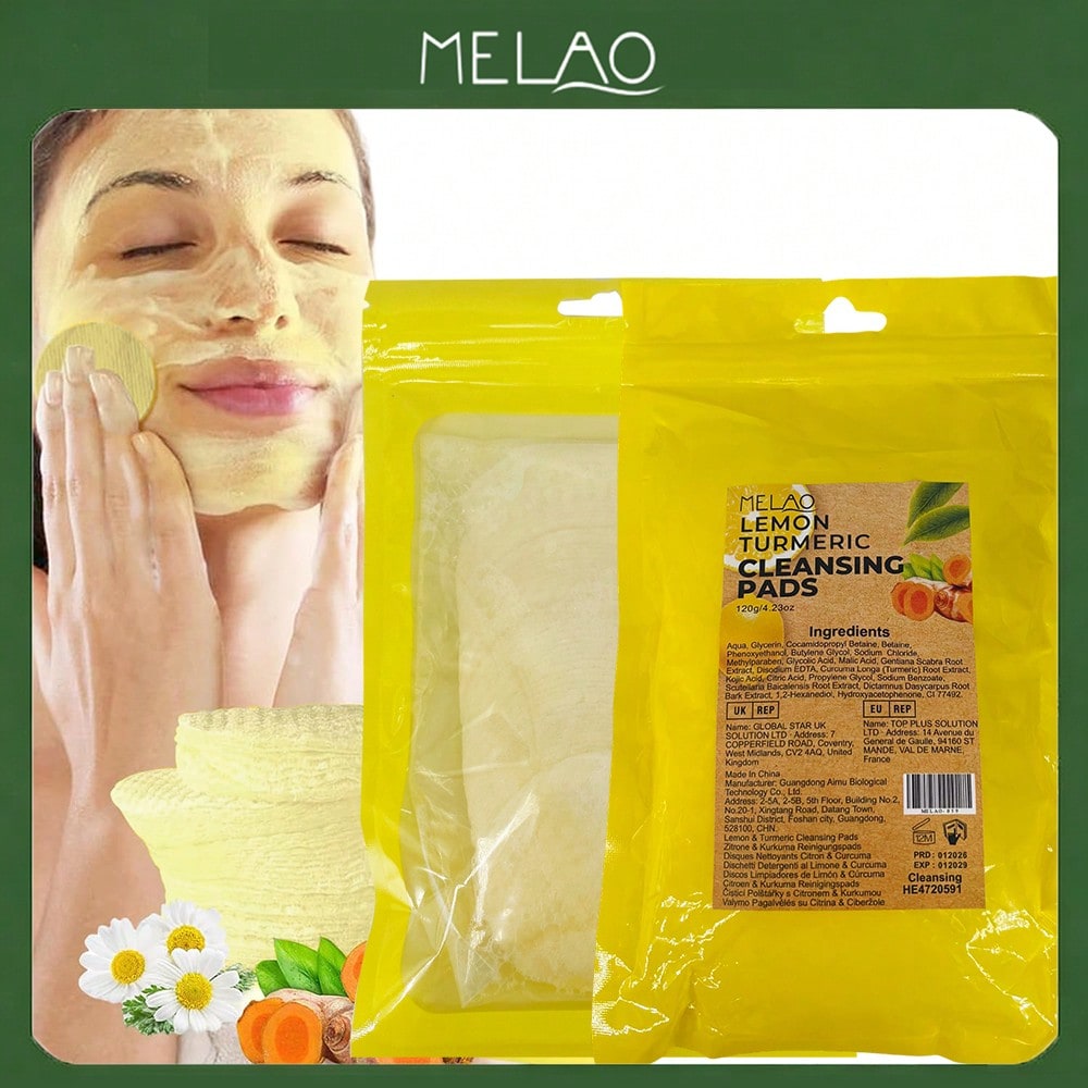 MELAO Lemon Turmeric Cleansing Pads 60 Count - Brightening, Exfoliating & Refreshing Facial Pads for Dark Spots, Uneven Skin Tone & Daily Cleansing