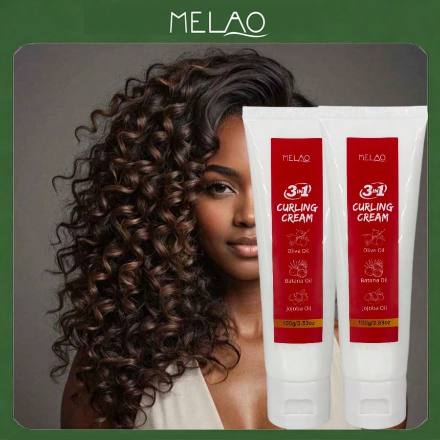 2 Pack MELAO 3-in-1 Curling Cream, 100g/3.53oz Curl Defining Cream with Olive, Batana & Jojoba Oil, Moisturizing Styling Cream for All Curls, Coils & Waves