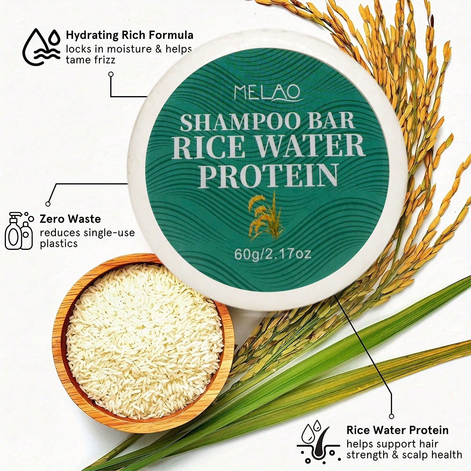 2 Pack MELAO Rice Water Protein Shampoo Bar, 60g Eco-Friendly Solid Hair Cleanser, Deep Cleanses Scalp & Hair, Strengthens Hair Texture, Leaves Hair Smooth, Shiny & Refreshed