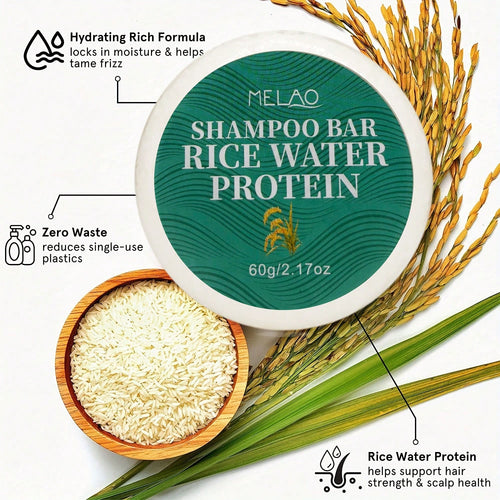2 Pack MELAO Rice Water Protein Shampoo Bar, 60g Eco-Friendly Solid Hair Cleanser, Deep Cleanses Scalp & Hair, Strengthens Hair Texture, Leaves Hair Smooth, Shiny & Refreshed