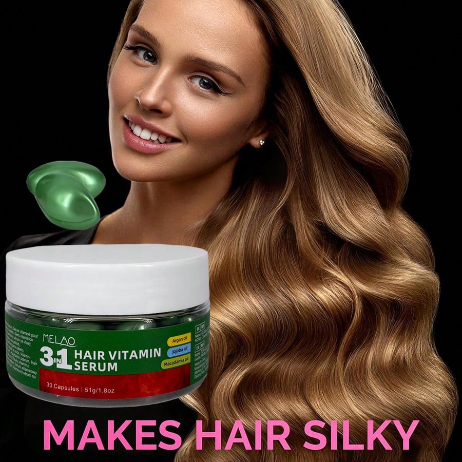 2 Pack MELAO 3-in-1 Hair Vitamin Serum Capsules, 30pcs Deep Conditioning Hair Treatment with Argan, Jojoba & Macadamia Oil, Nourishes & Repairs Dry, Damaged Hair, Reduces Frizz & Adds Shine for All Hair Types