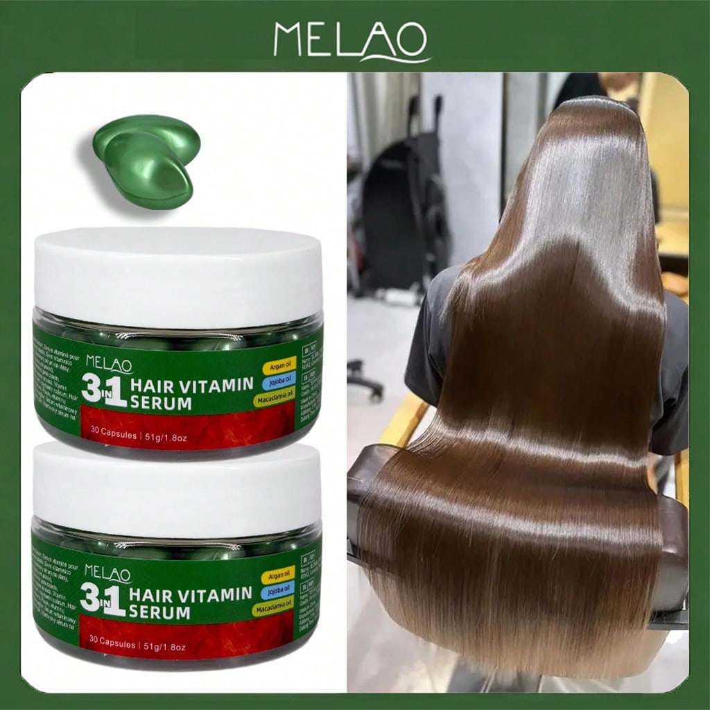 2 Pack MELAO 3-in-1 Hair Vitamin Serum Capsules, 30pcs Deep Conditioning Hair Treatment with Argan, Jojoba & Macadamia Oil, Nourishes & Repairs Dry, Damaged Hair, Reduces Frizz & Adds Shine for All Hair Types