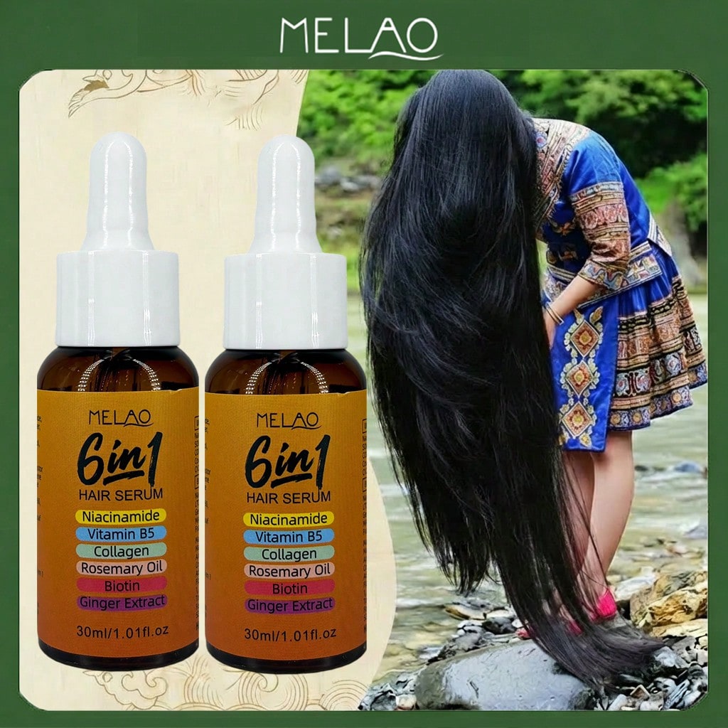 2 Pack MELAO 6-in-1 Hair Serum 30ml, Nourishing Scalp & Hair Care Serum with Niacinamide, Vitamin B5, Collagen, Rosemary Oil, Biotin & Ginger Extract, Strengthens Hair Texture, Reduces Frizz & Adds Shine for All Hair Types