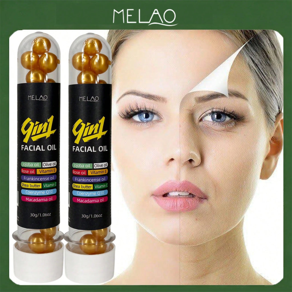 2 Pack MELAO 9-in-1 Facial Oil Capsules, Hydrating Face Serum with Jojoba, Olive, Rose Oil, Shea Butter, Vitamins & Coenzyme Q10, Nourishes & Moisturizes Skin, Improves Skin Texture, Leaves Skin Smooth, Soft & Radiant