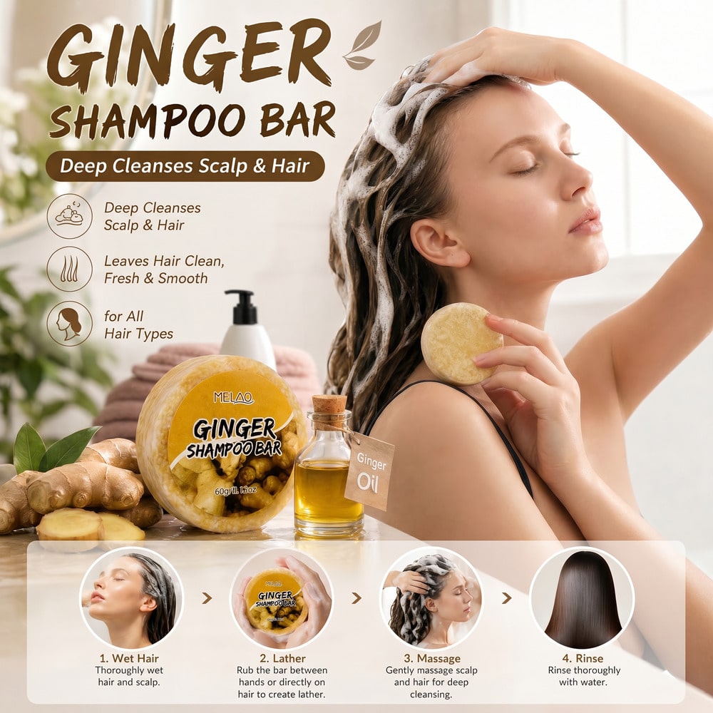 MELAO Ginger Shampoo Bar 60g, Eco-Friendly Refreshing Solid Hair Cleanser, Deep Cleanses Scalp & Hair, Leaves Hair Clean, Fresh & Smooth for All Hair Types