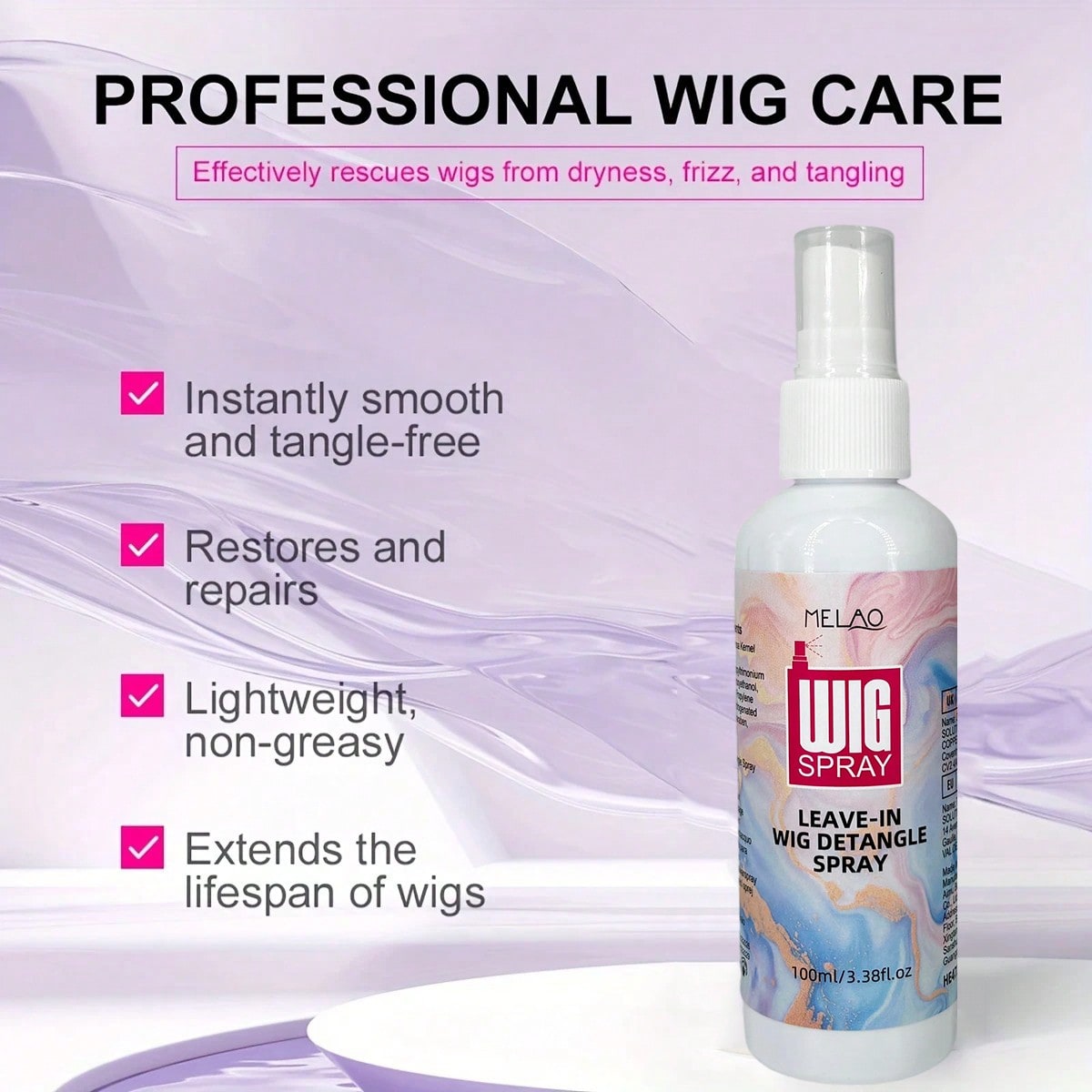 2 Pack MELAO Leave-In Wig Detangle Spray 100ml, Anti-Tangle Care for Synthetic & Human Hair Wigs, Reduces Knots & Frizz, Makes Combing Easy, Leaves Wigs Soft, Smooth & Natural-Looking