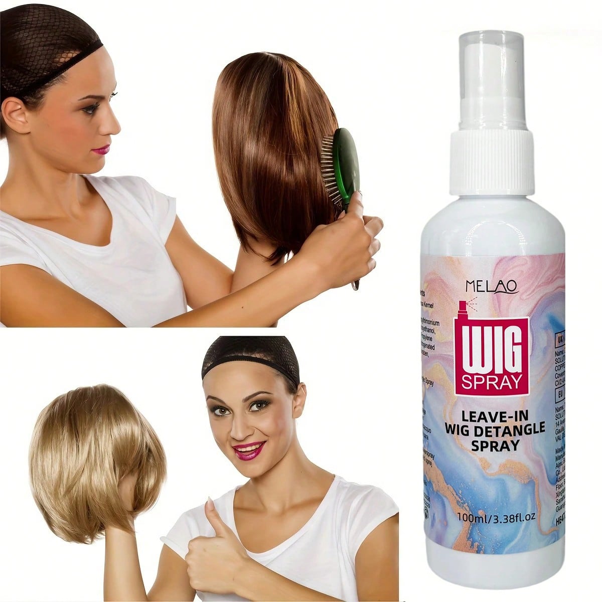 2 Pack MELAO Leave-In Wig Detangle Spray 100ml, Anti-Tangle Care for Synthetic & Human Hair Wigs, Reduces Knots & Frizz, Makes Combing Easy, Leaves Wigs Soft, Smooth & Natural-Looking