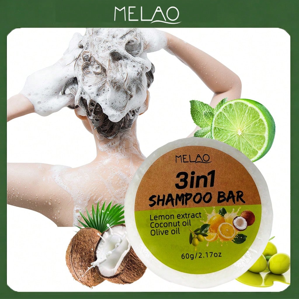 MELAO 3-in-1 Shampoo Bar 60g, Eco-Friendly Solid Hair Cleanser with Lemon Extract, Coconut & Olive Oil, Deep Cleanses, Refreshes & Nourishes Hair, Leaves It Clean, Soft & Shiny