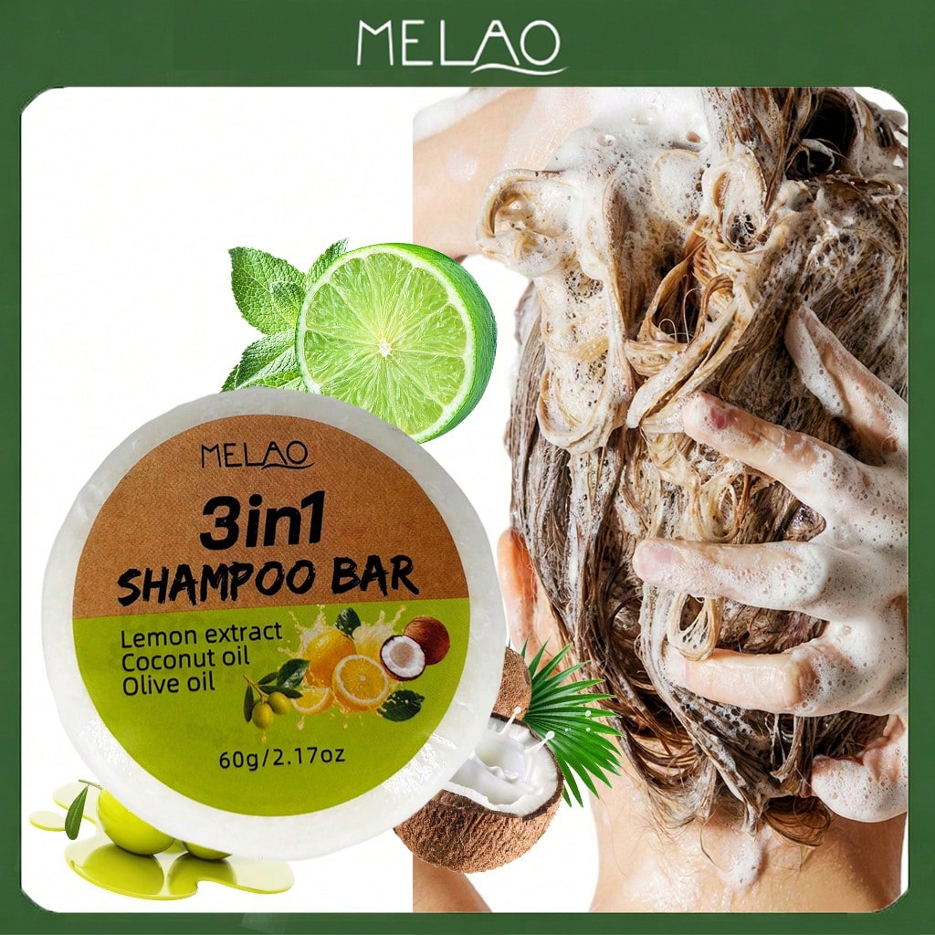 MELAO 3-in-1 Shampoo Bar 60g, Eco-Friendly Solid Hair Cleanser with Lemon Extract, Coconut & Olive Oil, Deep Cleanses, Refreshes & Nourishes Hair, Leaves It Clean, Soft & Shiny