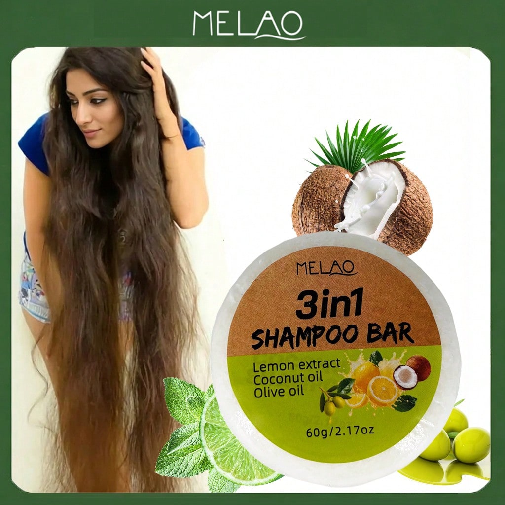 MELAO 3-in-1 Shampoo Bar 60g, Eco-Friendly Solid Hair Cleanser with Lemon Extract, Coconut & Olive Oil, Deep Cleanses, Refreshes & Nourishes Hair, Leaves It Clean, Soft & Shiny