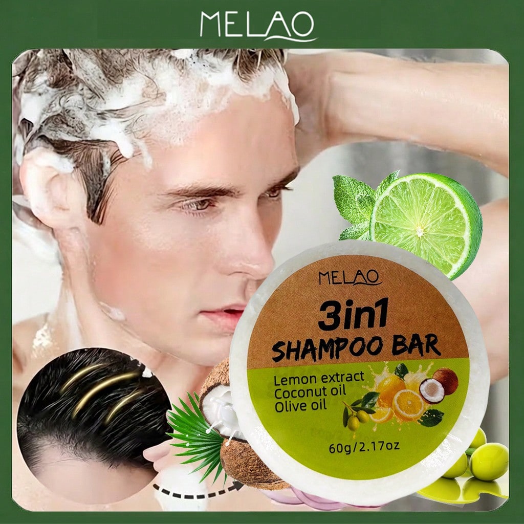 MELAO 3-in-1 Shampoo Bar 60g, Eco-Friendly Solid Hair Cleanser with Lemon Extract, Coconut & Olive Oil, Deep Cleanses, Refreshes & Nourishes Hair, Leaves It Clean, Soft & Shiny