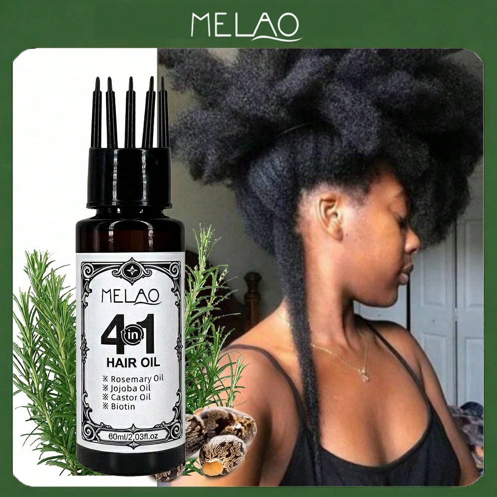 4 in 1 Hair Oil, MELAO Rosemary Jojoba Castor Oil & Biotin Hair Oil, for Dry Damaged Frizzy Hair, Nourishes & Smoothes Hair, Adds Extreme Shine & Softness, Lightweight Non-Greasy Formula, Repairs & Strengthens Hair, 60ml/2.03fl.oz
