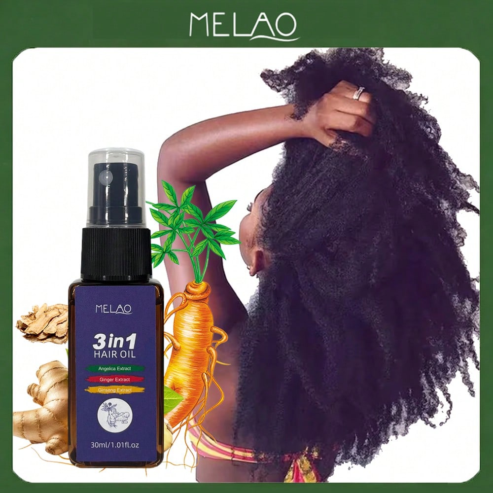 3 in 1 Hair Oil, MELAO Hair Oil with Angelica, Ginger & Ginseng Extracts, for Dry & Frizzy Hair, Nourishes & Smooths Hair, Adds Extreme Shine & Softness, 30ml/1.01fl.oz