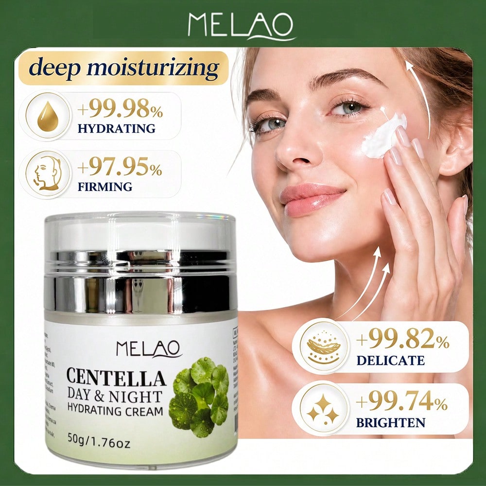 Centella Day & Night Cream, MELAO Centella Asiatica Hydrating Cream, Soothing & Moisturizing Face Cream for All Skin Types, 50g/1.76oz