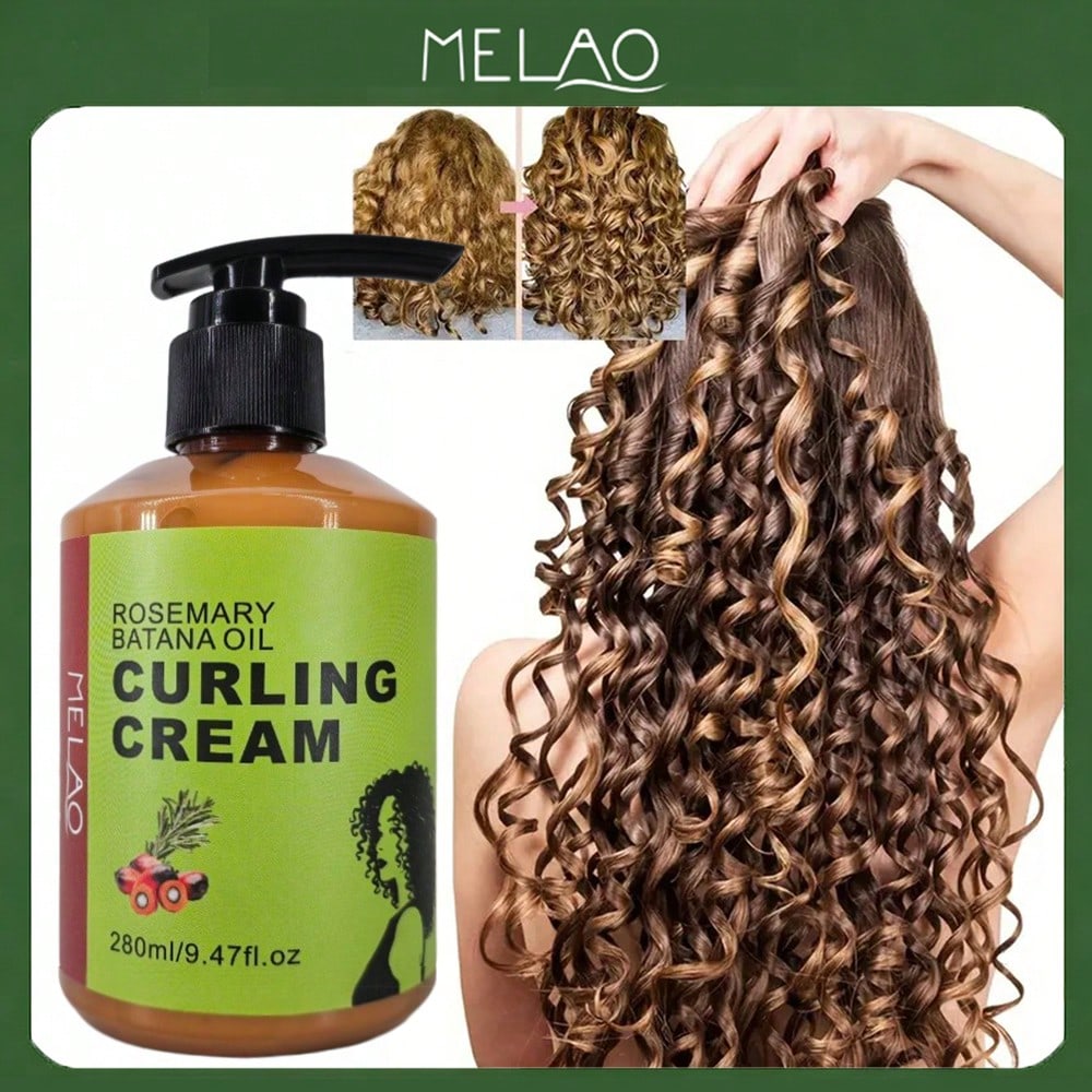 MELAO Rosemary &amp; Batana Oil Curling Cream 280ml - Natural Defining &amp; Frizz Control Cream for Curly Hair, Adds Shine, Hydration &amp; Softness, with Pump for Easy Use