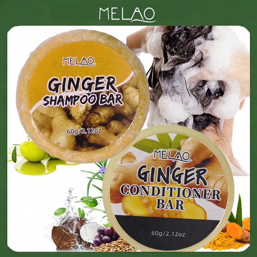 2 in 1 Ginger Shampoo & Conditioner Bar Set, MELAO Natural Ginger Shampoo Bar and Conditioner Bar, for Deep Cleanse & Nourish Scalp, Softens & Smooths Hair, 60g Each