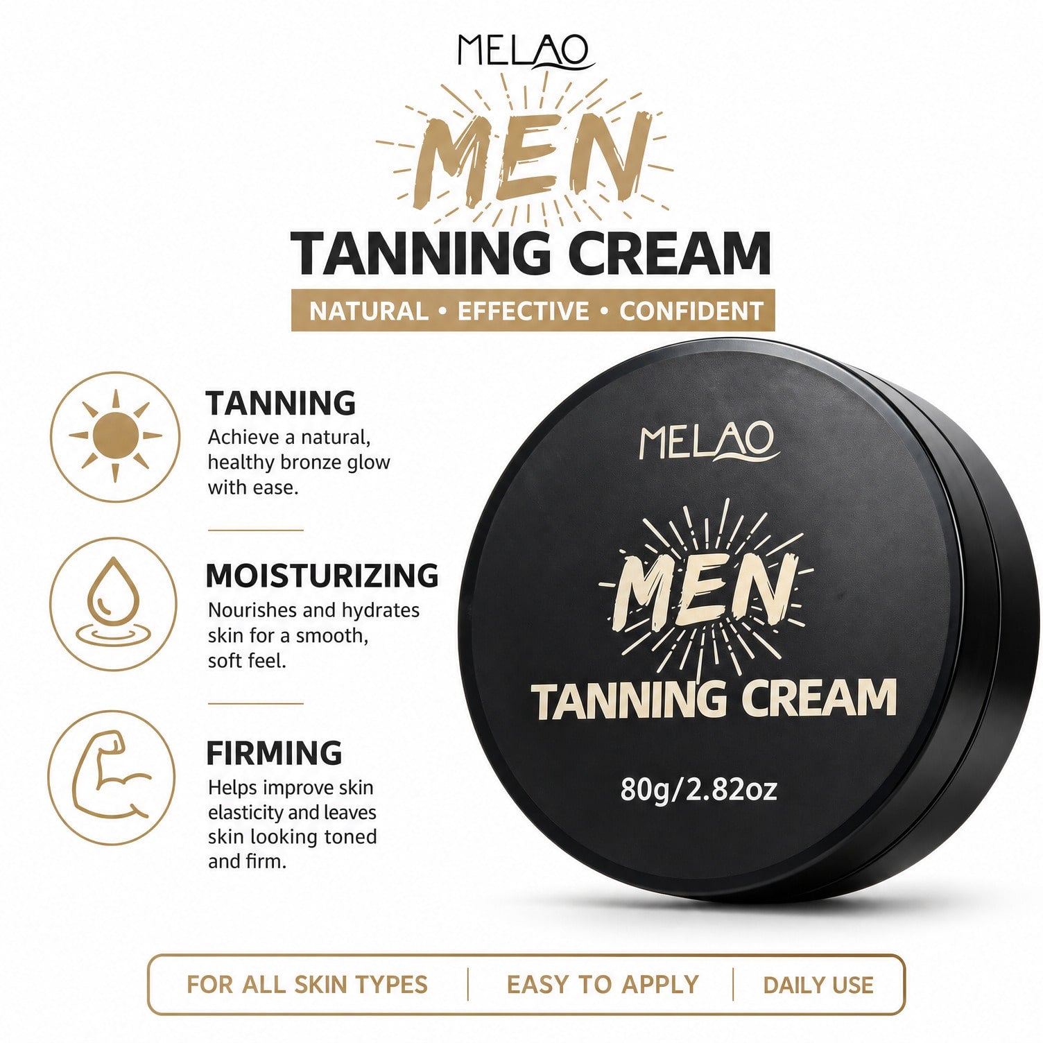 MELAO Men's Tanning Cream 80g/2.82oz, Deep Natural Sun Tanning Accelerator, Moisturizing Tanning Lotion for Men, Buildable, Streak-Free Bronze Tan