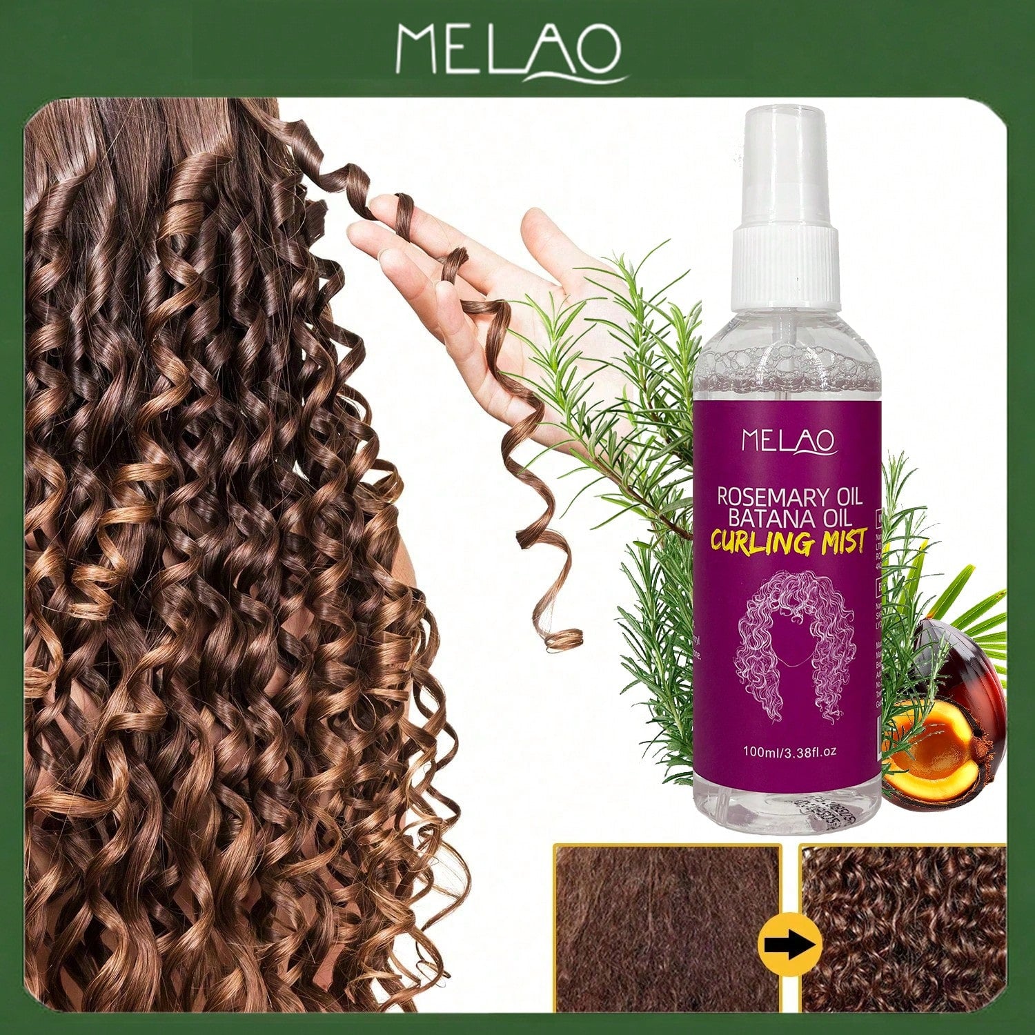 MELAO Rosemary Oil Batana Oil Curling Mist, Curl Defining & Enhancing Spray, for Natural Curly Hair, Defines & Separates Curls, Tames Frizz, Adds Shine & Moisture, Lightweight Hold, No Crunch, for All Hair Types, 100ml/3.38fl.oz