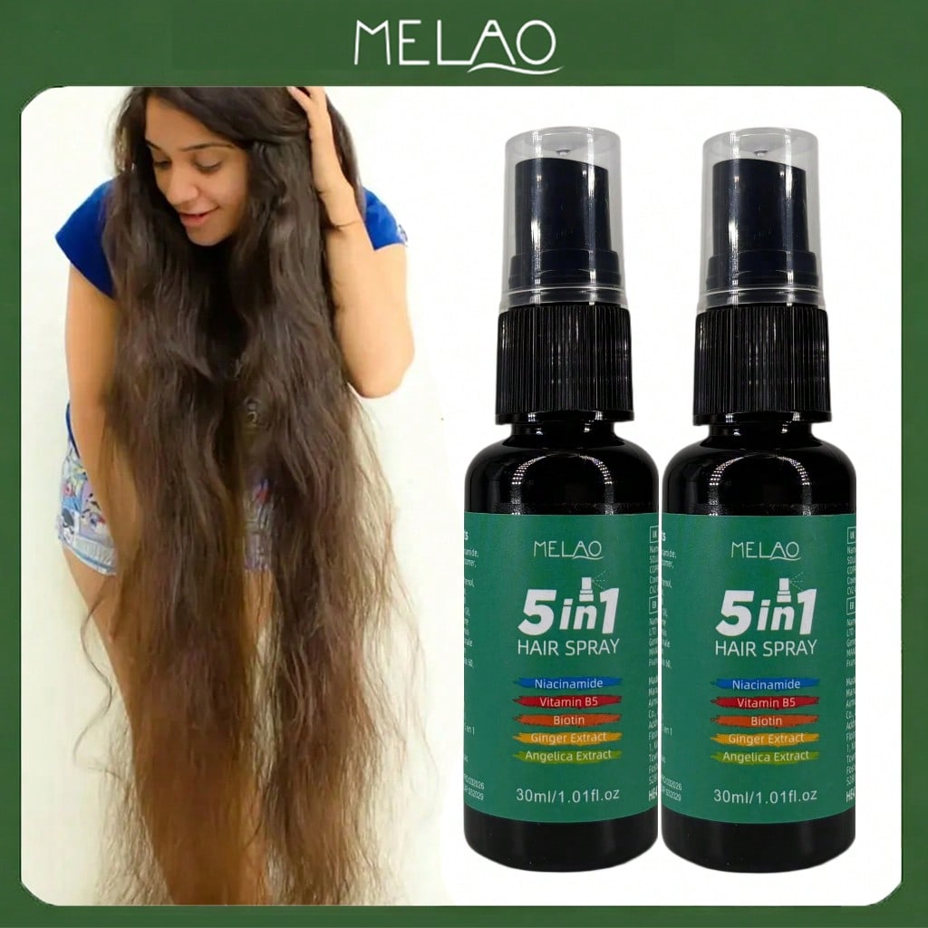 2 Pack MELAO 5-in-1 Hair Spray 30ml, Multi-Function Hair Care Spray with Niacinamide, Vitamin B5, Biotin & Ginger Extract, Refreshes Scalp, Strengthens Hair Texture, Adds Smoothness & Shine for All Hair Types