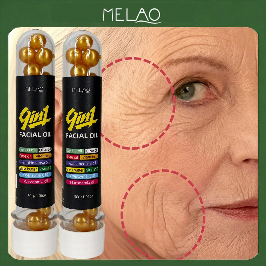 2 Pack MELAO 9-in-1 Facial Oil Capsules, Hydrating Face Serum with Jojoba, Olive, Rose Oil, Shea Butter, Vitamins & Coenzyme Q10, Nourishes & Moisturizes Skin, Improves Skin Texture, Leaves Skin Smooth, Soft & Radiant