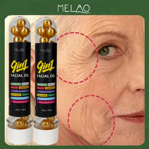 2 Pack MELAO 9-in-1 Facial Oil Capsules, Hydrating Face Serum with Jojoba, Olive, Rose Oil, Shea Butter, Vitamins & Coenzyme Q10, Nourishes & Moisturizes Skin, Improves Skin Texture, Leaves Skin Smooth, Soft & Radiant