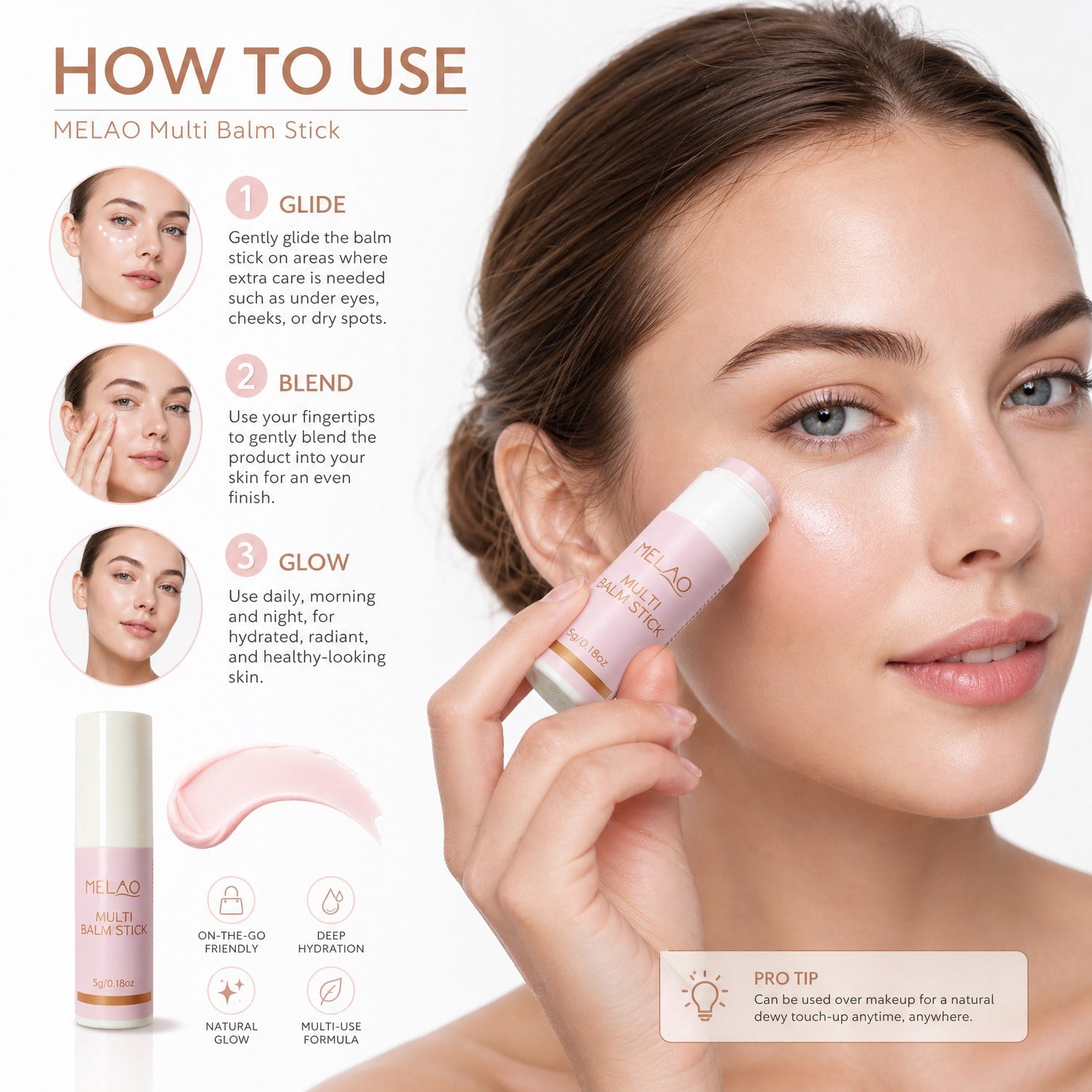 MELAO Multi Balm Stick 5g/0.18oz, All-in-One Moisturizing Balm for Lips, Cuticles & Dry Skin, Portable Multi-Use Hydrating Stick for On-the-Go Care