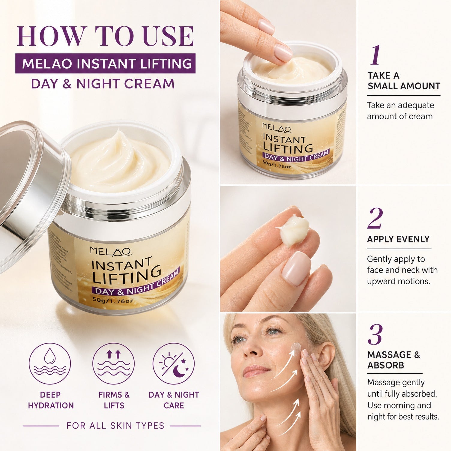 MELAO Instant Lifting Day & Night Cream 50g/1.76oz, Anti-Aging & Firming Facial Moisturizer, 24H Hydrating Face Cream for Fine Lines & Wrinkles