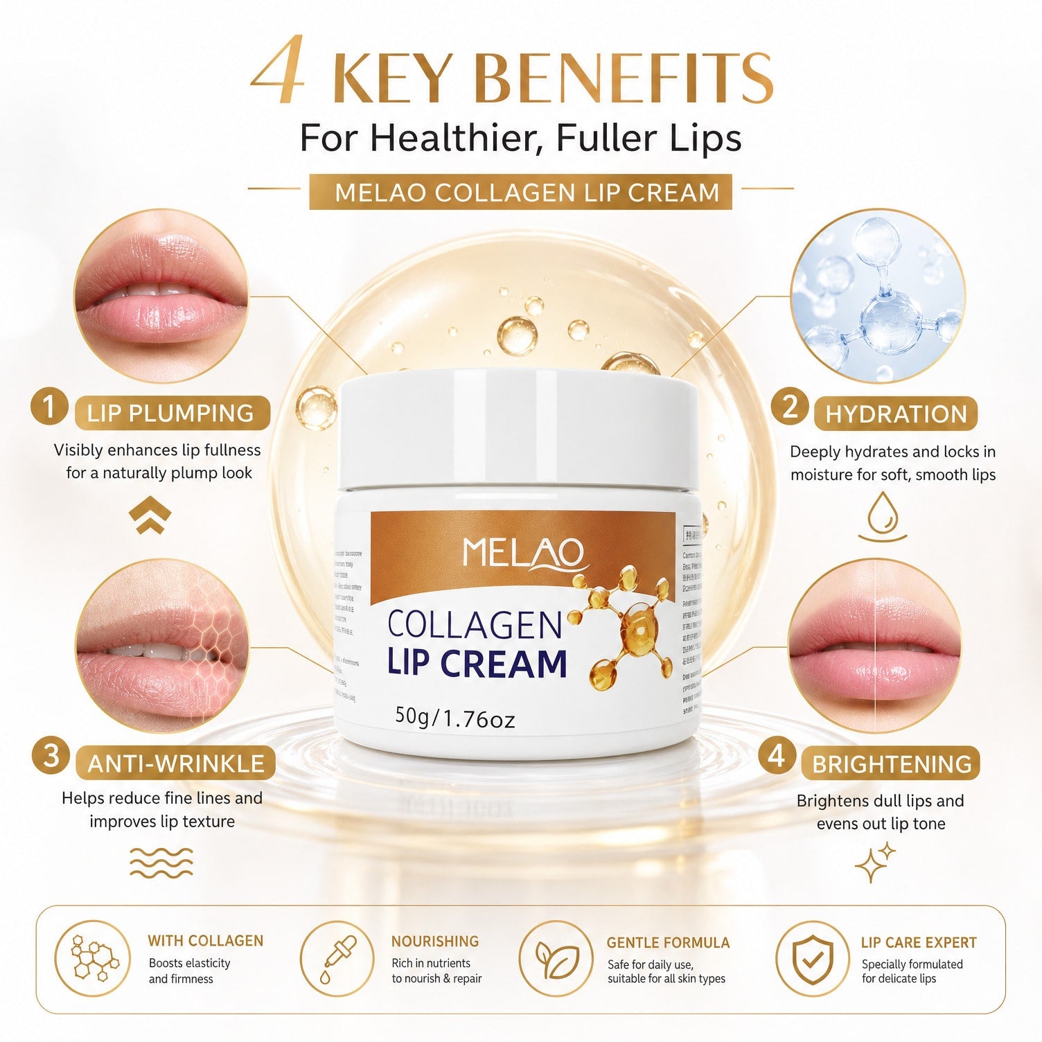 MELAO Collagen Lip Cream 50g/1.76oz, Hydrating Lip Balm for Dry Cracked Lips, Moisturizing & Plumping Lip Treatment to Reduce Fine Lines