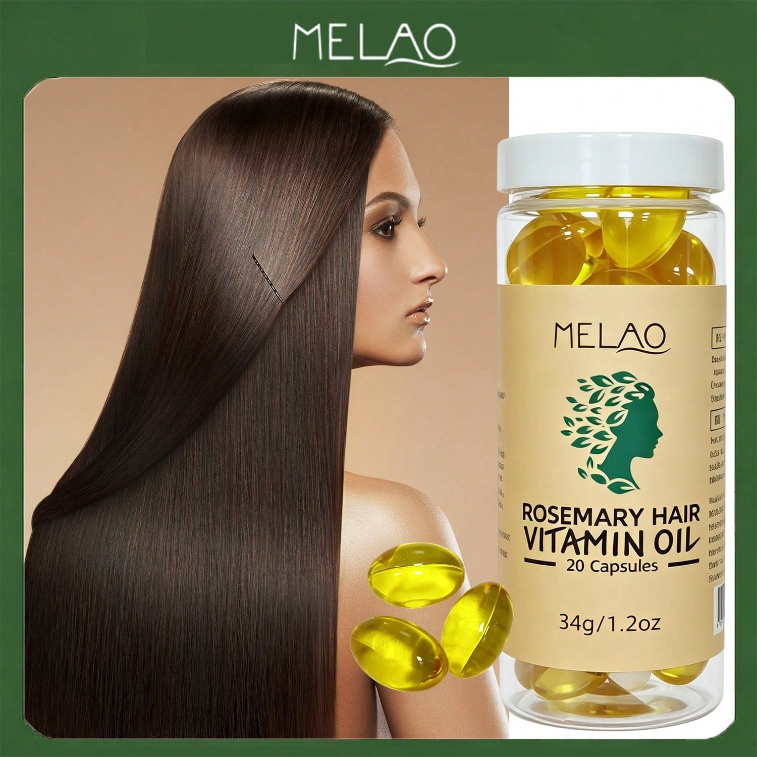 MELAO Rosemary Hair Vitamin Oil Capsules 20 Capsules 34g/1.2oz, Leave-In Hair Serum Capsule, Nourish Scalp, Repair Dry Frizzy Split Ends & Boost Silky Shiny Hair