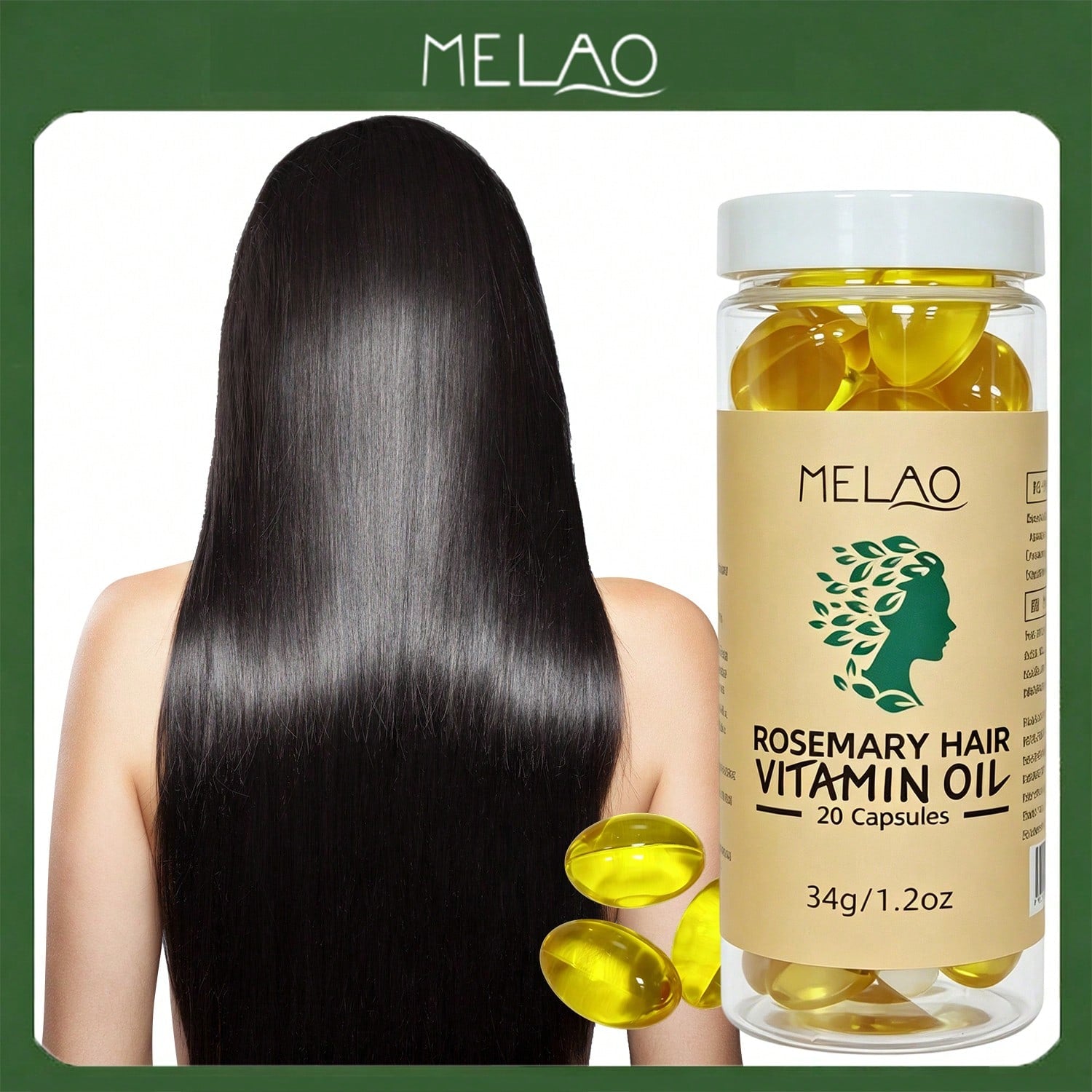 MELAO Rosemary Hair Vitamin Oil Capsules 20 Capsules 34g/1.2oz, Leave-In Hair Serum Capsule, Nourish Scalp, Repair Dry Frizzy Split Ends & Boost Silky Shiny Hair