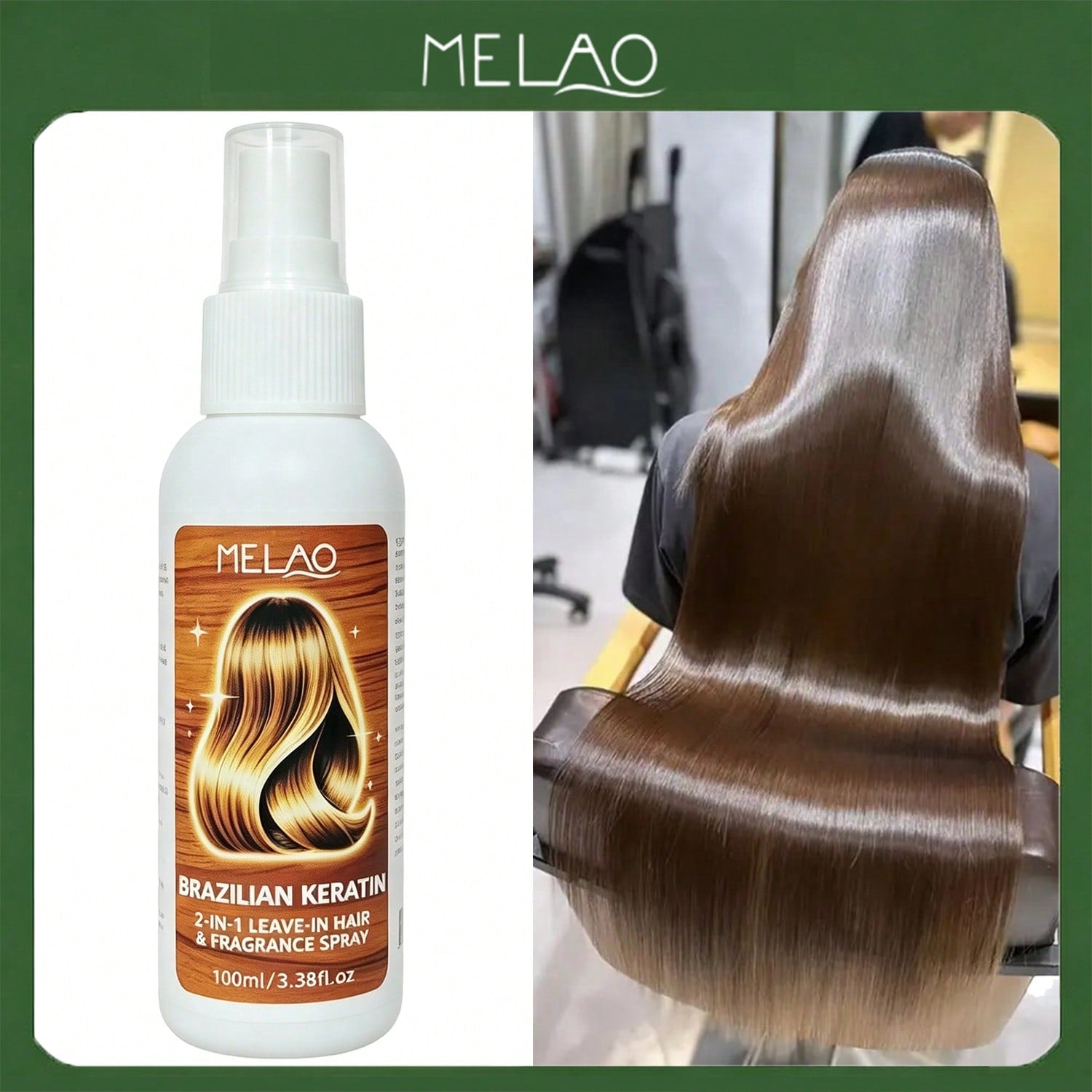 MELAO Brazilian Keratin 2-in-1 Leave-In Hair & Fragrance Spray 100ml/3.38fl.oz, Anti-Frizz Detangling Hair Mist, Long-Lasting Fragrance, Repair Dry Damaged Hair & Boost Shine