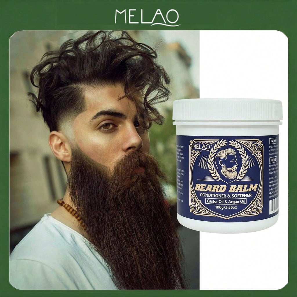 MELAO Beard Balm 100g/3.53oz with Castor & Argan Oil, Beard Conditioner Softener, Tame Frizzy Beard, Hydrate & Nourish Facial Hair for Men