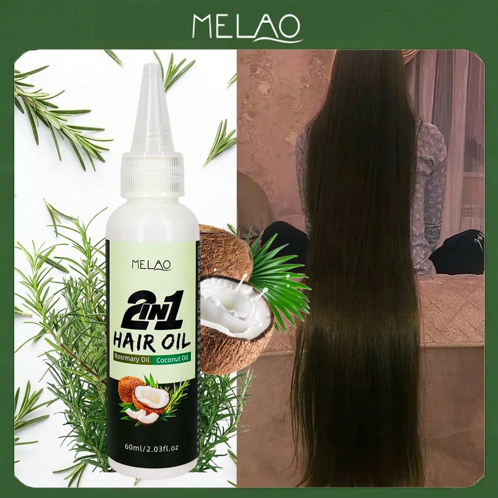 2 in 1 Hair Oil, MELAO Rosemary Oil & Coconut Oil Hair Oil, for Dry & Curly Hair, Adds Shine & Softness, Nourishes & Tames Frizz, 60ml/2.03fl.oz