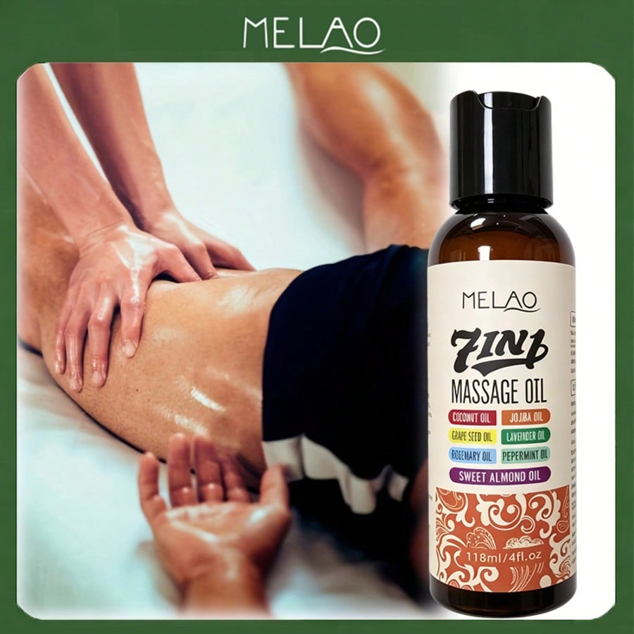 MELAO 7 In 1 Natural Massage Oil 118ml/4fl.oz, Infused with Coconut, Jojoba, Grape Seed, Lavender, Rosemary, Peppermint & Sweet Almond Oil, Hydrating Body Massage Oil for Relaxing Skin, Relieve Muscle Tension & Smooth Dry Skin