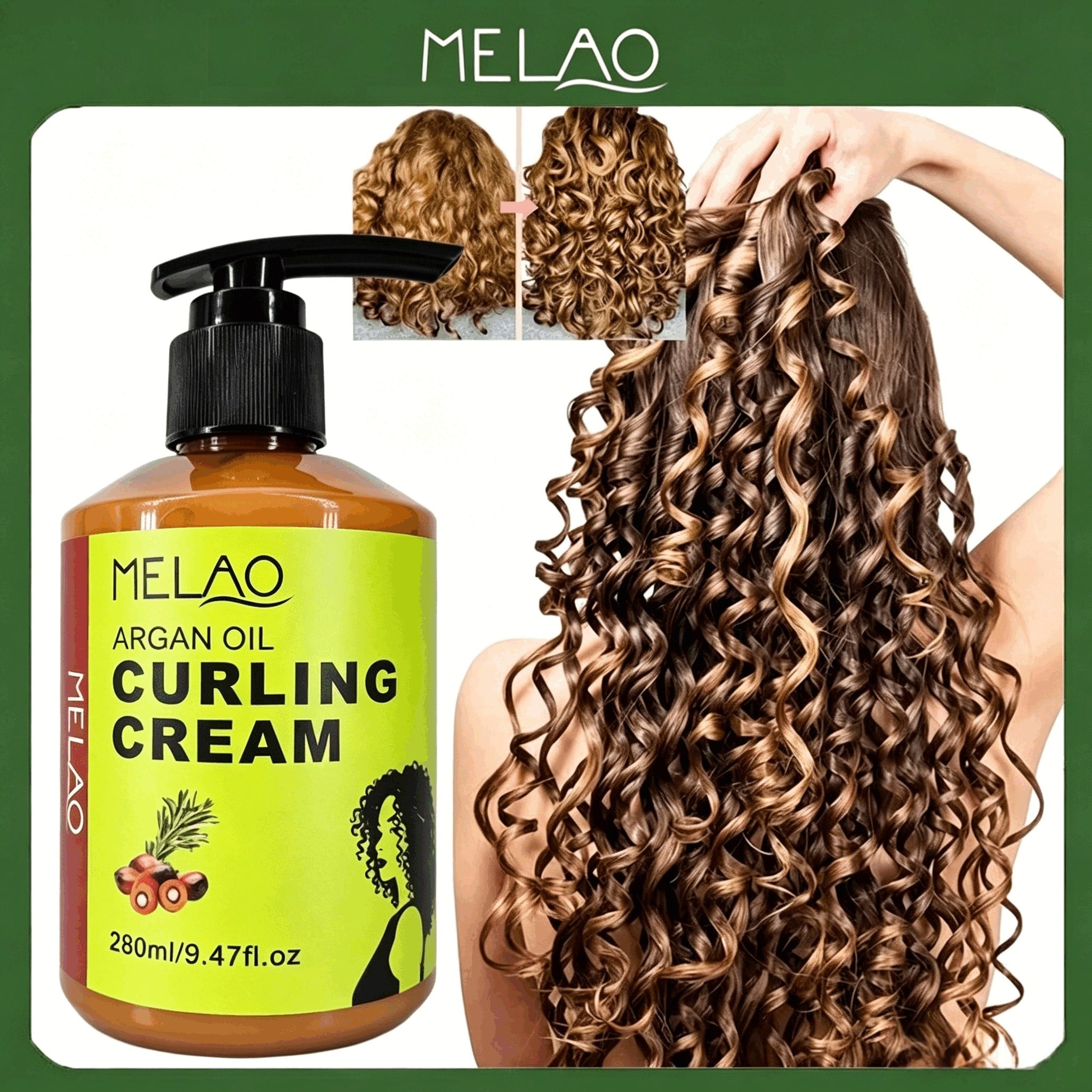 MELAO Argan Oil Curling Cream 280ml - Natural Defining & Frizz Control Cream for Curly Hair, Adds Shine, Hydration & Softness, with Pump for Easy Use