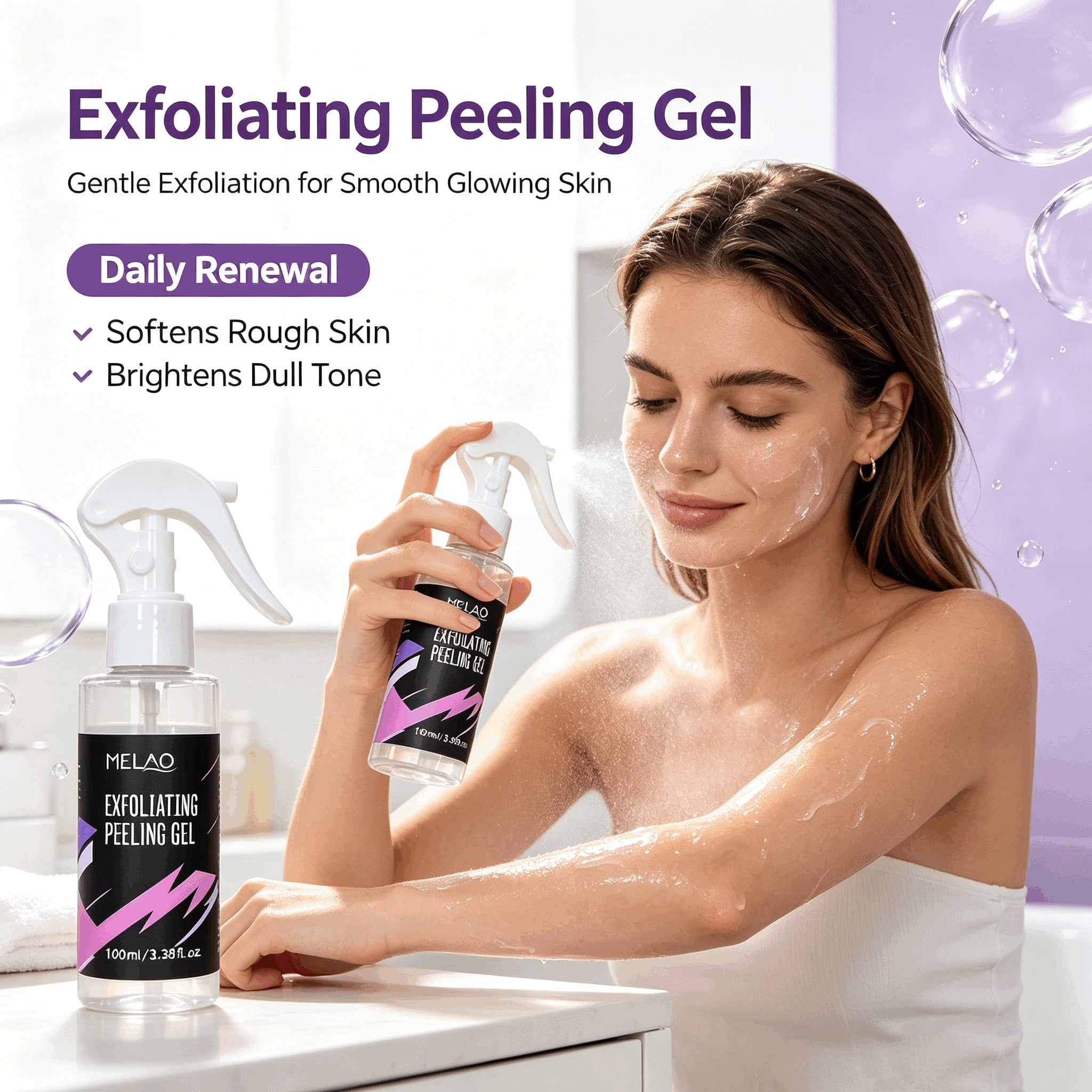 MELAO Exfoliating Peeling Gel Spray 100ml/3.38fl.oz, Gentle Dead Skin Remover Exfoliator Spray, Remove Rough Keratin, Smooth Dull Dry Skin for Face & Body
