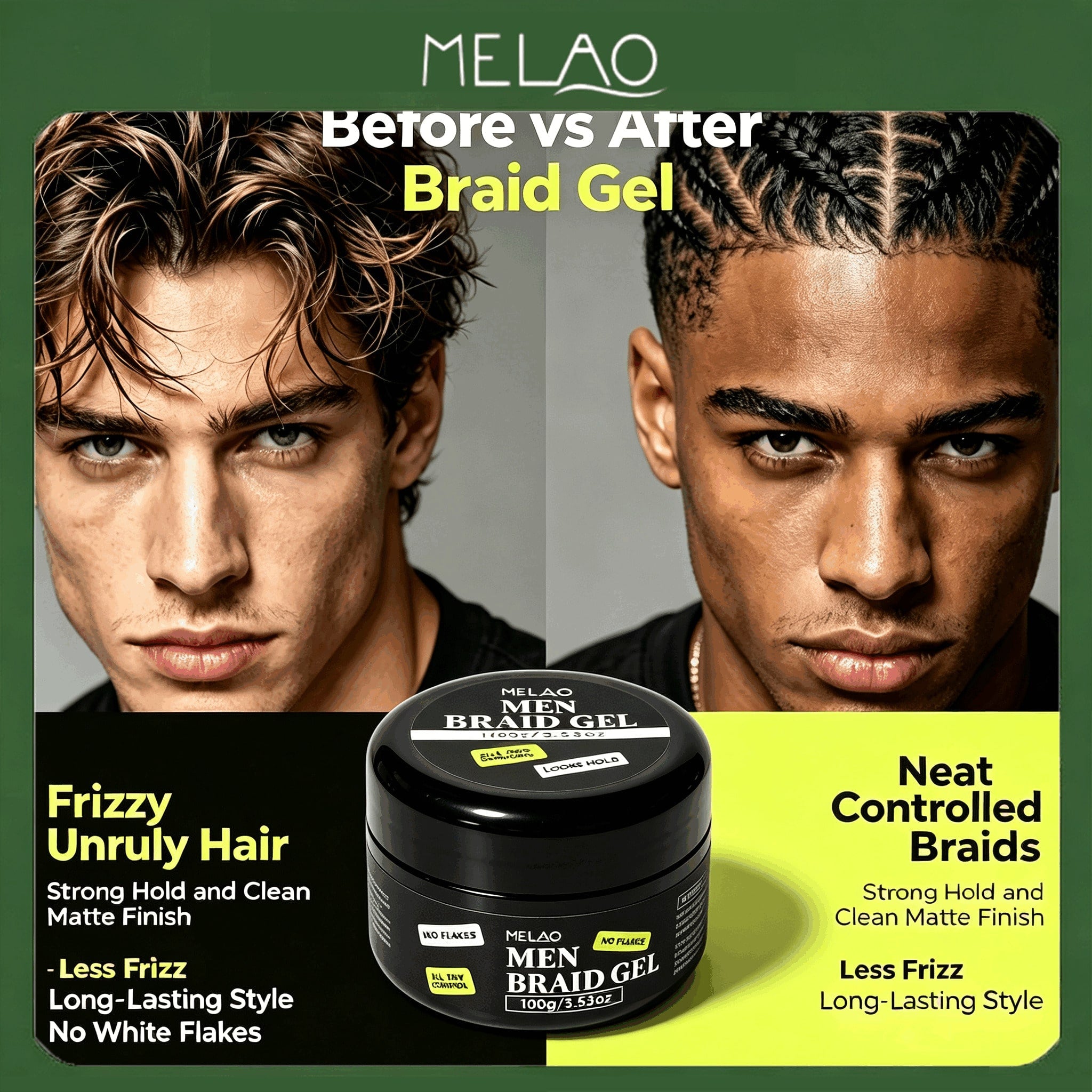 MELAO Men Braid Gel 100g/3.53oz, All Day Strong Hold Braiding Hair Gel, No Flake Long Lasting Edge Control Styling Gel for Braids, Locs, Twists & Dreadlocks