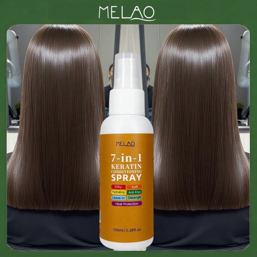 MELAO 7‑in‑1 Keratin Conditioning Spray 100ml/3.38fl.oz, Leave‑In Hair Spray, Anti‑Frizz Detangler with Heat Protection, Hydrate Hair for Silky Soft Sleek‑Looking Hairstyle