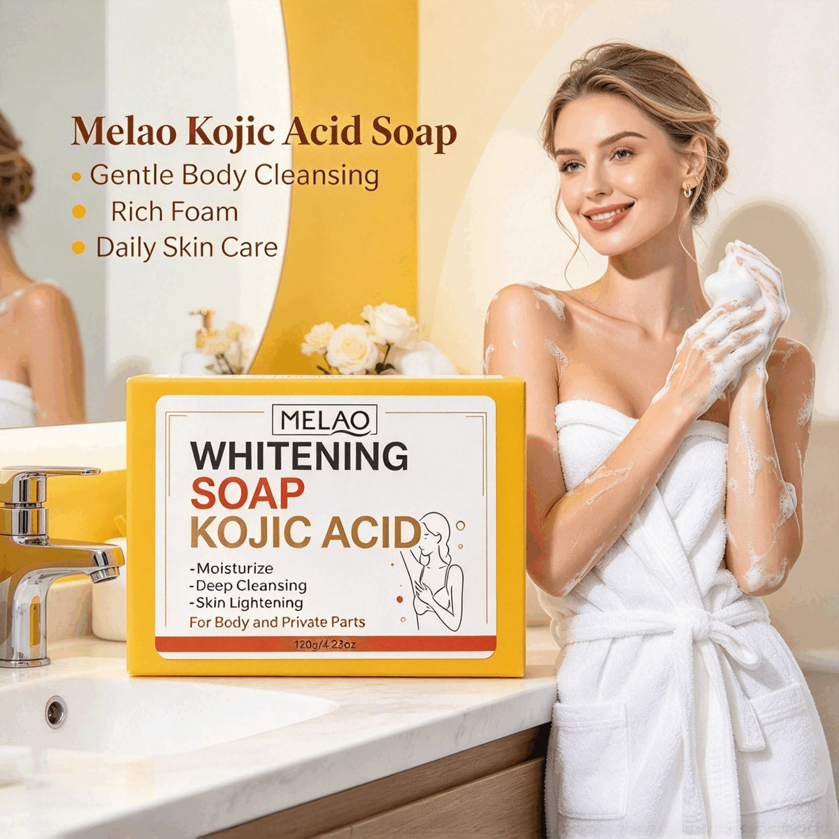 MELAO Kojic Acid Soap, Skin Lightening Cleansing Bar, Deep Cleansing Moisturizing Soap for Body and Private Parts, Brightening Skin Care Soap 120g