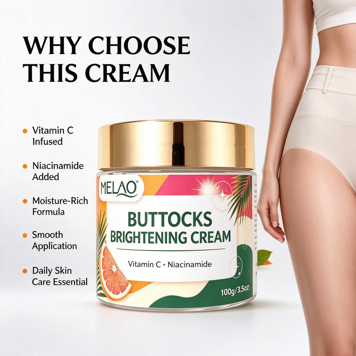 MELAO Buttocks Brightening Cream with Vitamin C Niacinamide, Hydrating Moisturizing Body Cream for Hip Skin, Nourishing Smoothing Body Skin Care Cream 100g