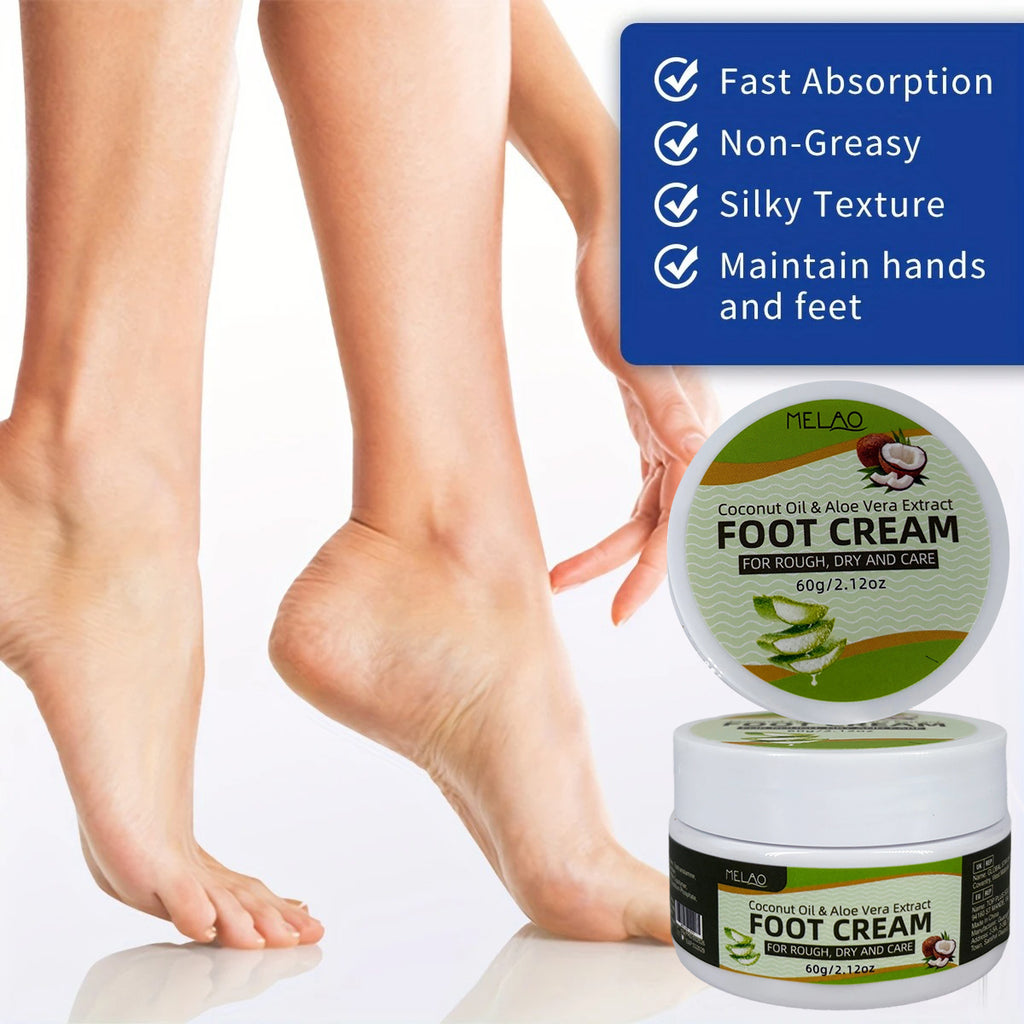 Foot Cream for Rough Dry Feet, MELAO Coconut Oil & Aloe Vera Foot Cream, Intensely Moisturizes & Softens Cracked Heels, with Natural Coconut Oil & Aloe Vera Extract, Nourishing Foot Care for Dry Skin, 60g/2.12oz