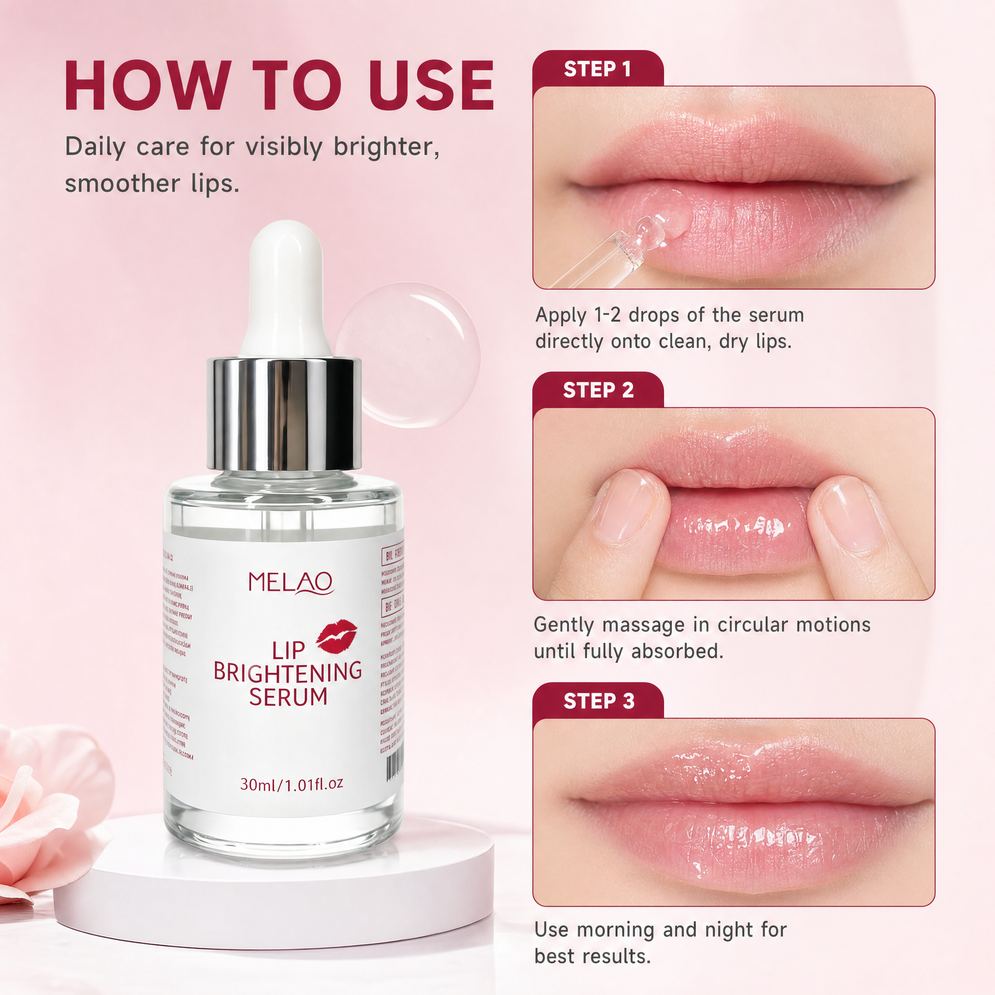 MELAO Lip Brightening Serum, Hydrating & Moisturizing Lip Care Essence, Daily Lip Serum to Support Soft, Smooth, Plump & Healthy-Looking Lips, Reduces Dryness, 30ml
