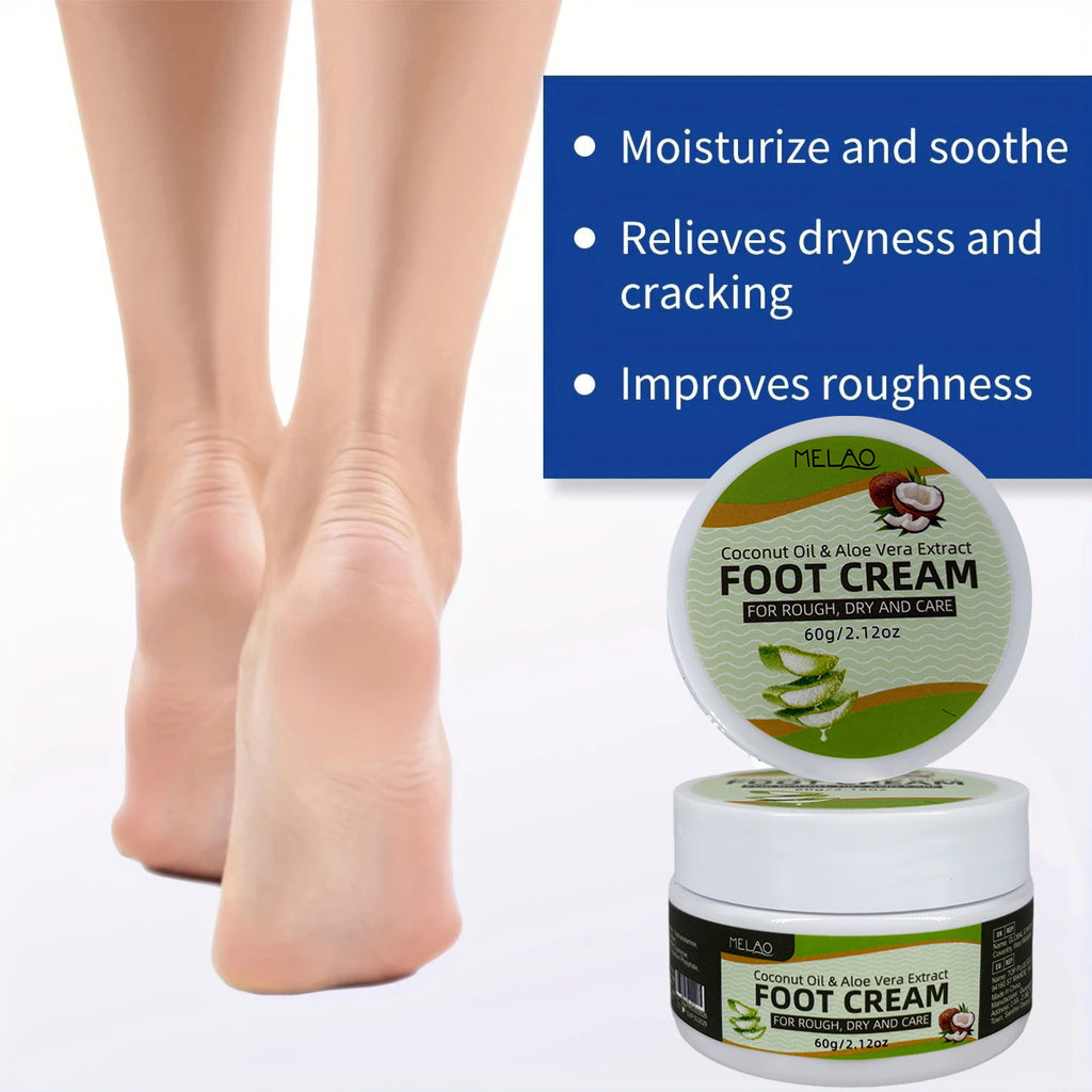 Foot Cream for Rough Dry Feet, MELAO Coconut Oil & Aloe Vera Foot Cream, Intensely Moisturizes & Softens Cracked Heels, with Natural Coconut Oil & Aloe Vera Extract, Nourishing Foot Care for Dry Skin, 60g/2.12oz